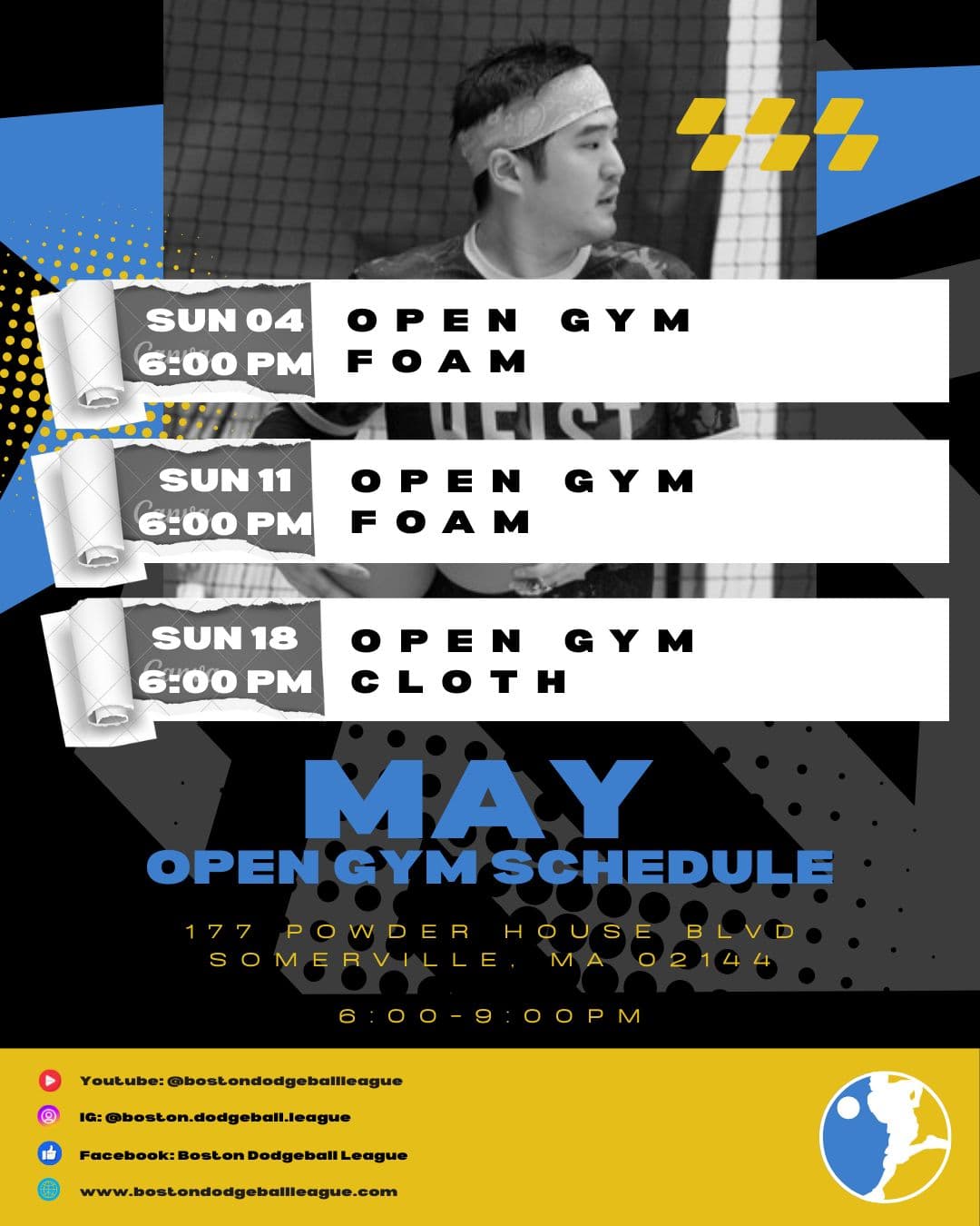 Weekly open gyms on Sunday nights from 6pm-9pm (May)